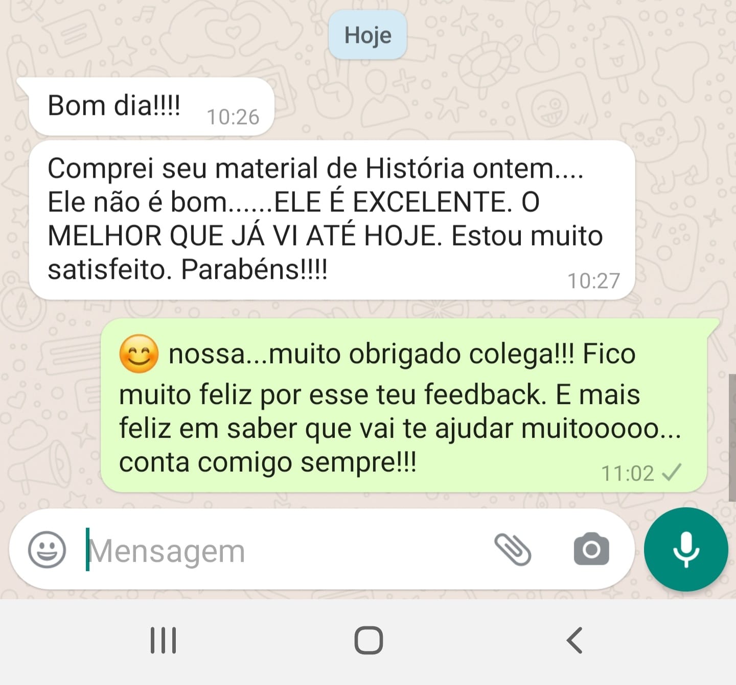 Mensagem de professor elogiando o material