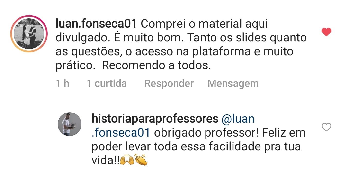 Mensagem de professor elogiando o material